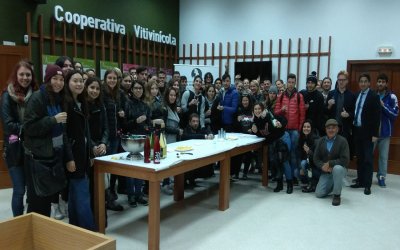 Estudiantes Erasmus de la UHU conocen el proceso de vinificación y catan los vinos del Condado en su visita a Bodegas del Socorro
